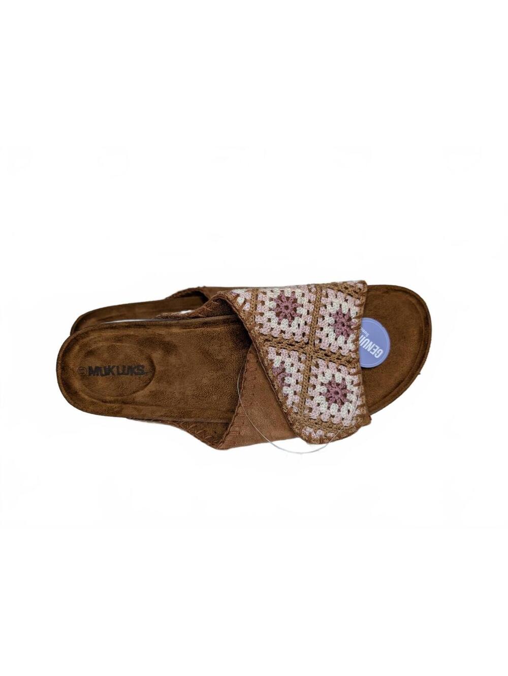 NWOT MUK LUKS Gigi Crochet Sandals Brown Suede Pink/Cream Crochet Size 11